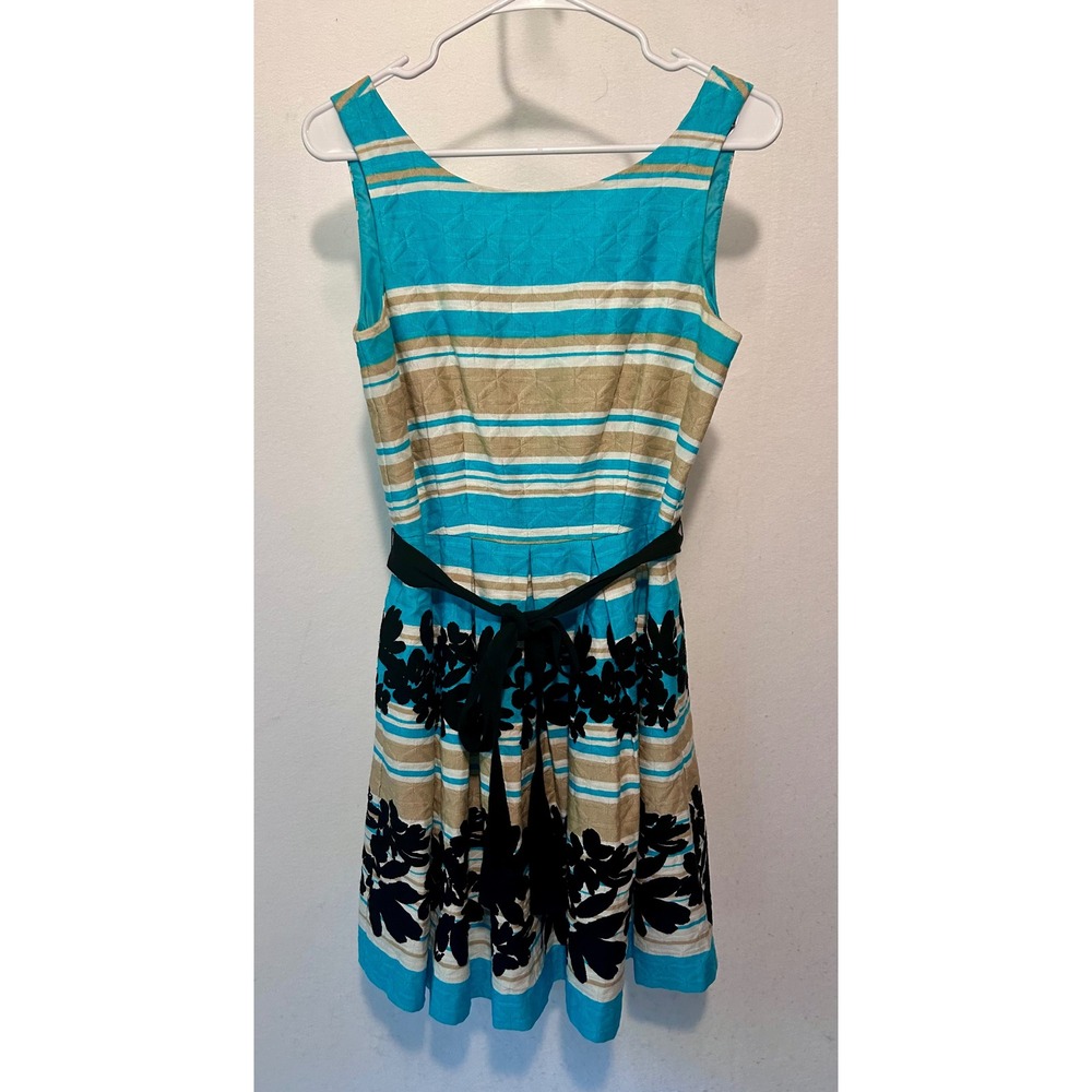 Taylor Womens Turquoise Floral Striped Fit Flare‎ Dress Pockets Blue Size 6